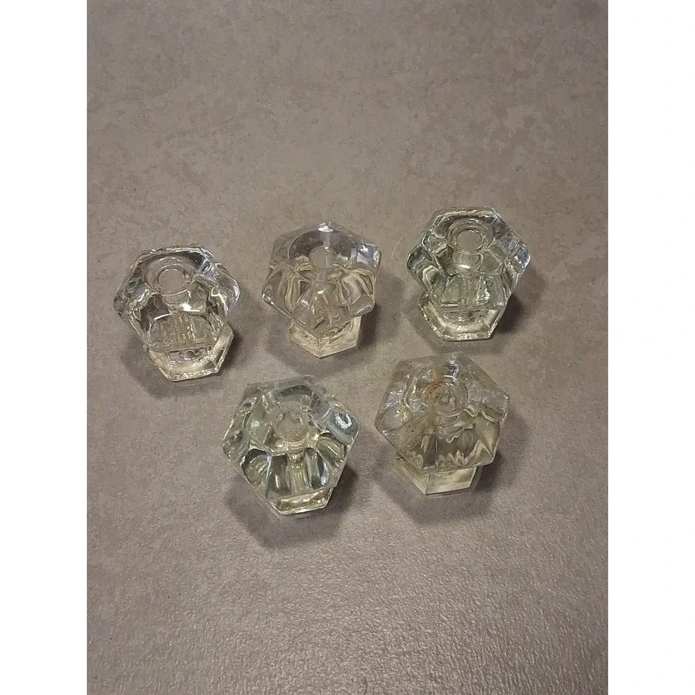 7 Antique 6 Sided Hexagon Glass Pulls, 1